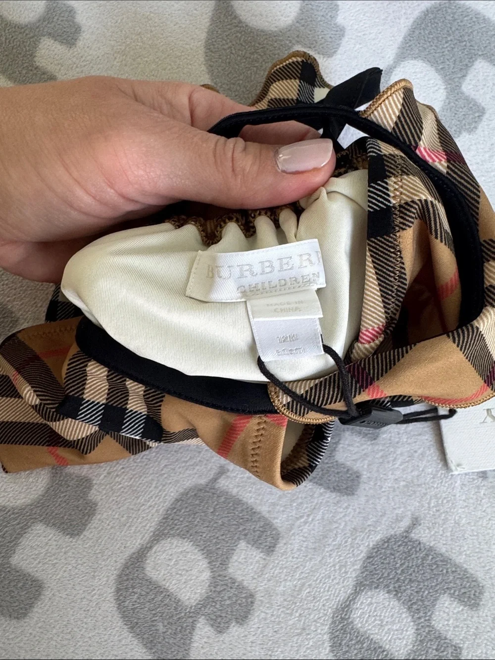 Burberry Tan Nova Check Infant One-Piece Swimsuit with Black Trim